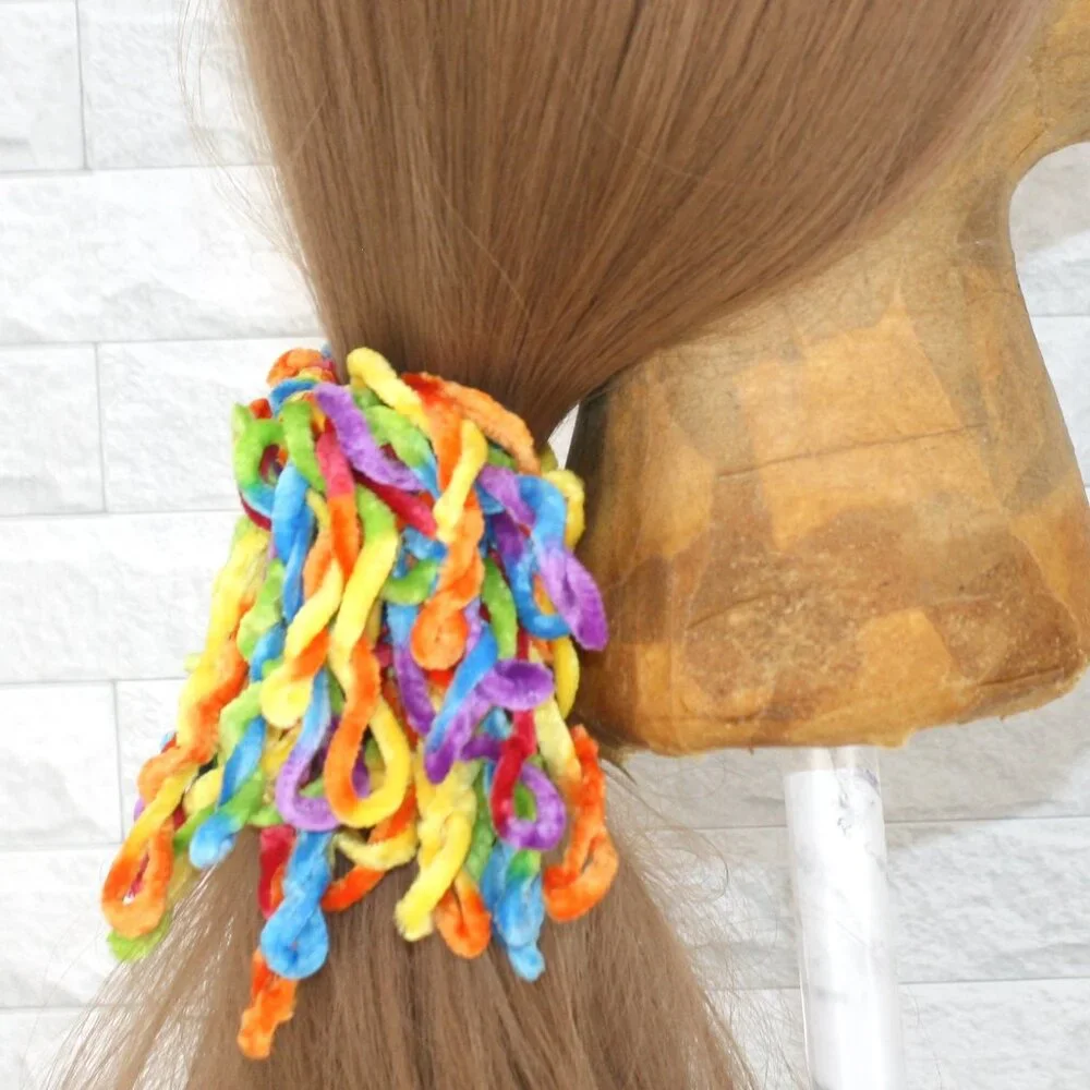 HAND CRAFTED Hair Scrunchie Fringe Crochet Kids Chenille Oversized Rainbow